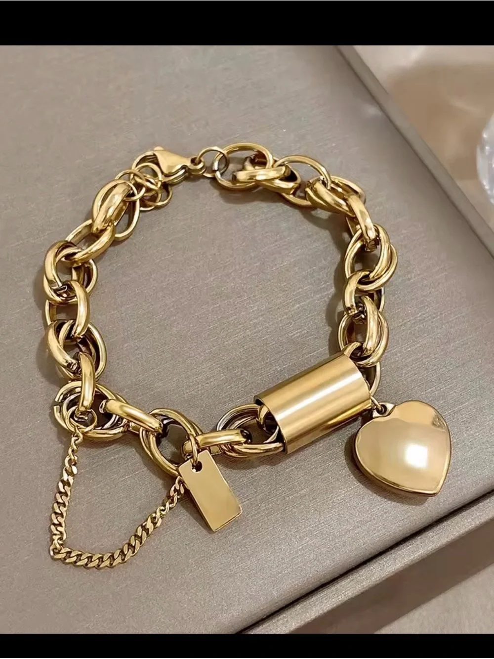Gold Heart Padlock Chain Bracelet - Women Jewelry